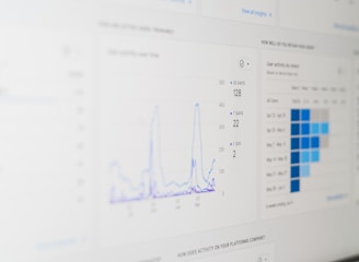 A digital screen displaying analytical data with line graphs, histograms, and numerical values. The data is presented in a user-friendly interface with different shades of blue used to distinguish various elements.
